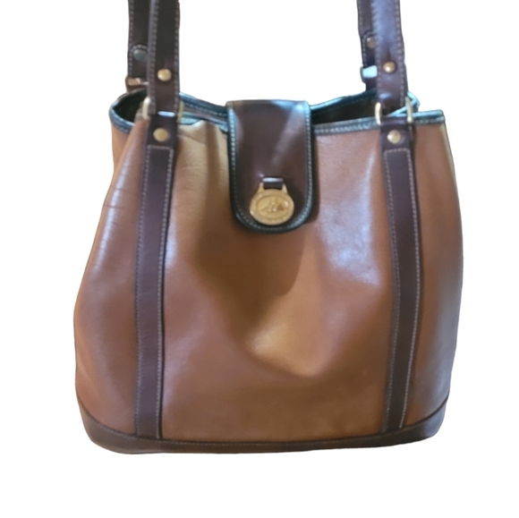 Brahmin Vintage Congac Flower Bucket Bag Green Trim Brass Hardware - Picture 2 of 9